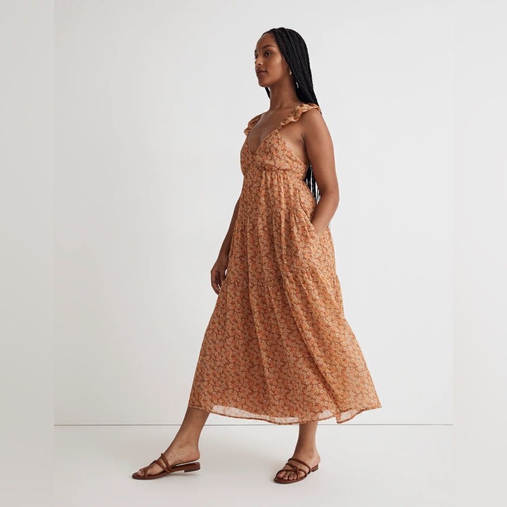 Madewell NWT Georgette Ruffle-Sleeve Tiered Midi Dress in Faded Sunset Size 6